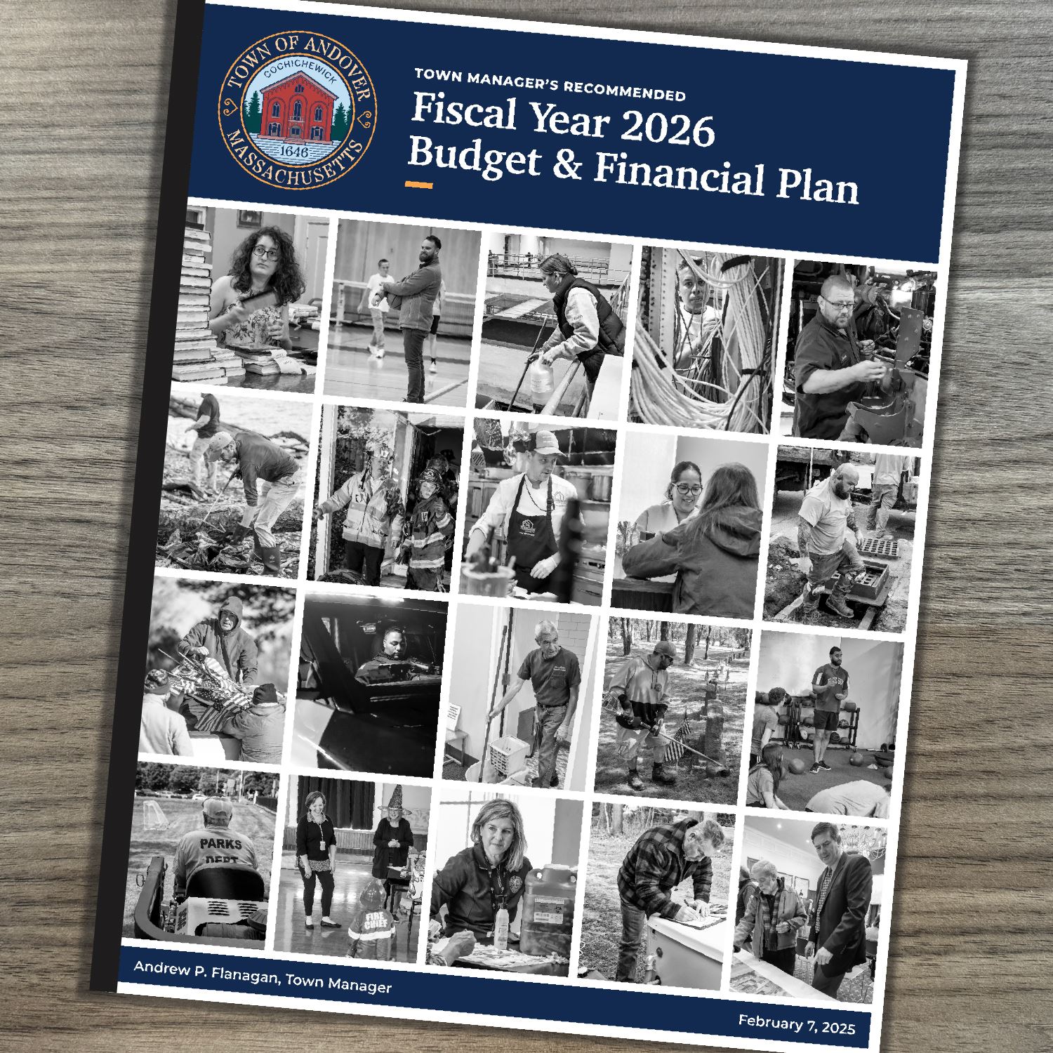 The cover of the FY2026 budget, featuring various Town employees