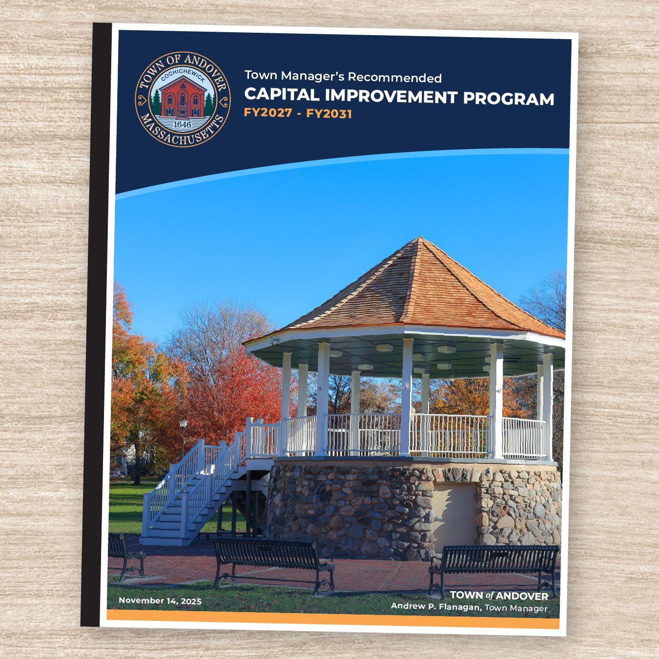 The Town's FY2027-20231 CIP book placed on a desktop