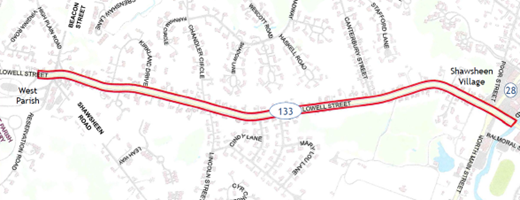Map of Route 133 in Andover